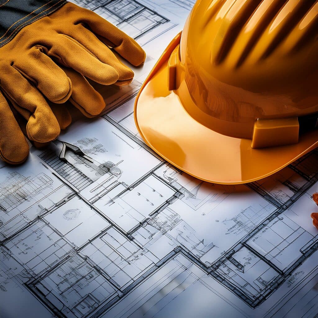 construction safety gear and blueprint