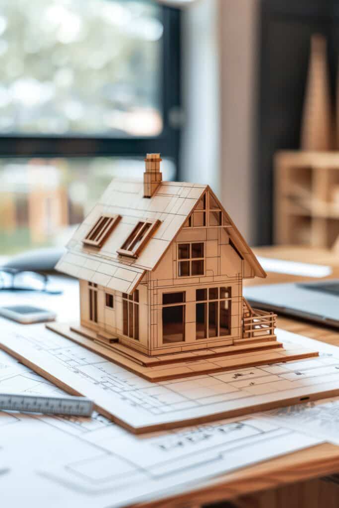 A 3D model of a house sits atop a laptop, showcasing a detailed house project blueprint on the screen, blending technology with architectural design.
